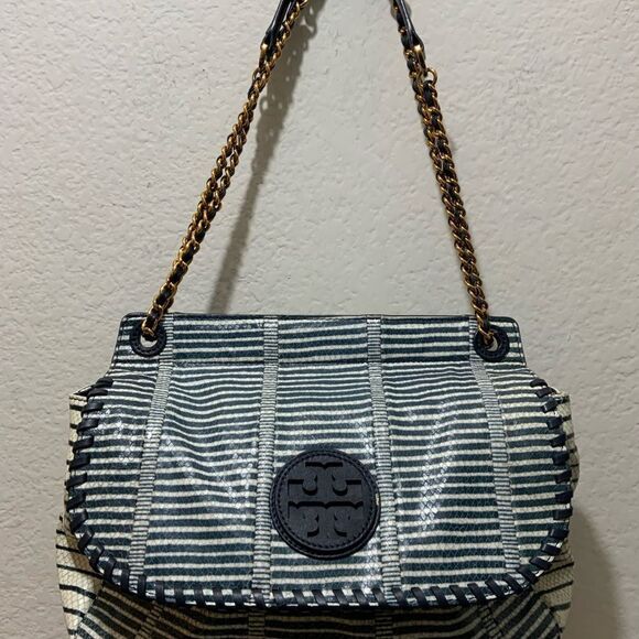 TORY BURCH MARION PATCHWORK SADDLEBAG Blue white liknew - Picture 8 of 16